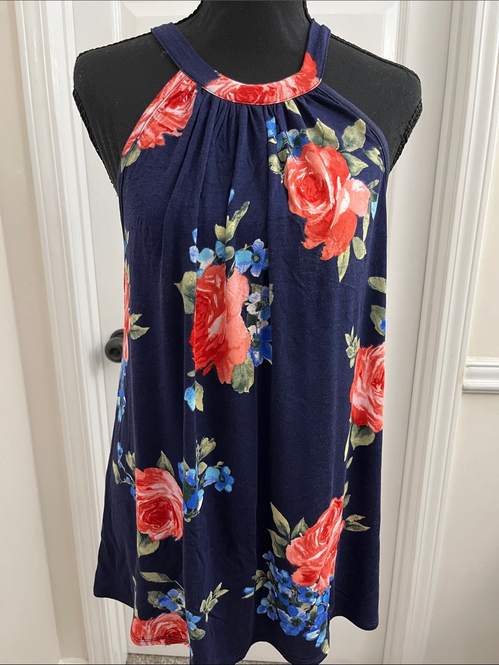 Loveappella Navy Floral Halter with Red Rose Accents